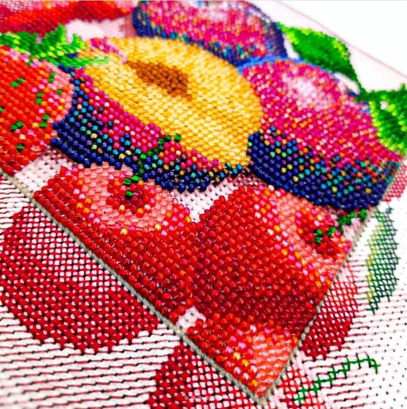 Charivna Mit Fruits beadwork and cross-stitch on Aida.